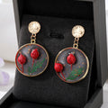 Gold Tone Round Raised Tulip Pressed Flower Resin Drop Earrings view 3