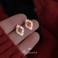 Gold Tone Red Oval Crystal Cluster Floral Stud Earrings view 4
