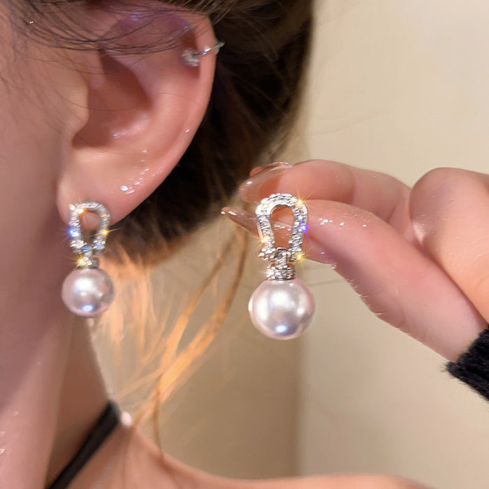 Silver Tone Crystal Horseshoe and Faux Pearl Drop Earrings
