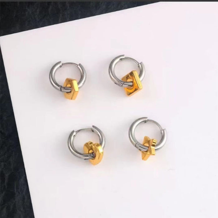 Single Stainless Steel Huggie Earrings with Gold Tone Geometric Charms
