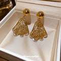 Pleated Fan Drop Earrings With Open Gold Tone Metalwork view 3
