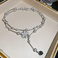 Gray Faux Pearl Floral Lariat Necklace in Two Layered Styles view 1