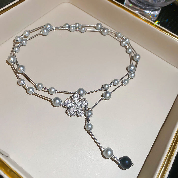 Gray Faux Pearl Floral Lariat Necklace in Two Layered Styles