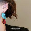 Turquoise Blue Chip Hoop and Deep Red Teardrop Earrings view 4