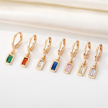 Gold Tone Rectangular Faceted Crystal Huggie Drop Earrings in Seven Colors