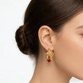 Textured Shell Earrings with Red Square Crystals in Gold Tone view 4