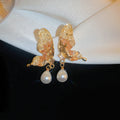 Butterfly Drop Earrings With Pearl Beads and Crystal Wings view 2