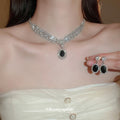 Silver Black Oval Crystal Choker Necklace Earring Set view 1
