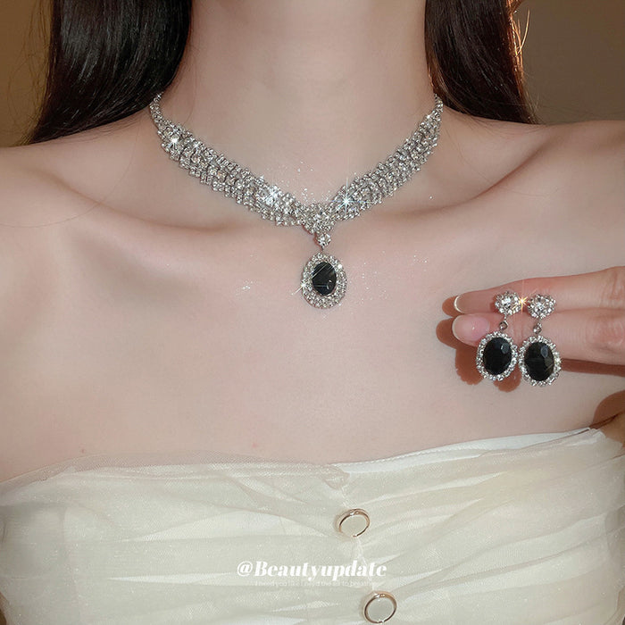 Silver Black Oval Crystal Choker Necklace Earring Set