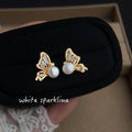 Gold Crystal Butterfly Wing Pearl Body Stud Earrings view 3