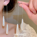 Silver Tone Pearl Teardrop Threader Earrings with Polished Metal Details view 3