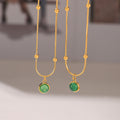 Gold Herringbone Chain And Green Glass Stone Pendant Necklaces view 2