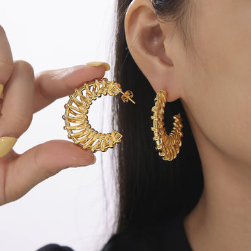 Woven C-Shape Hoop Earrings Gold Silver Copper Plated Pair