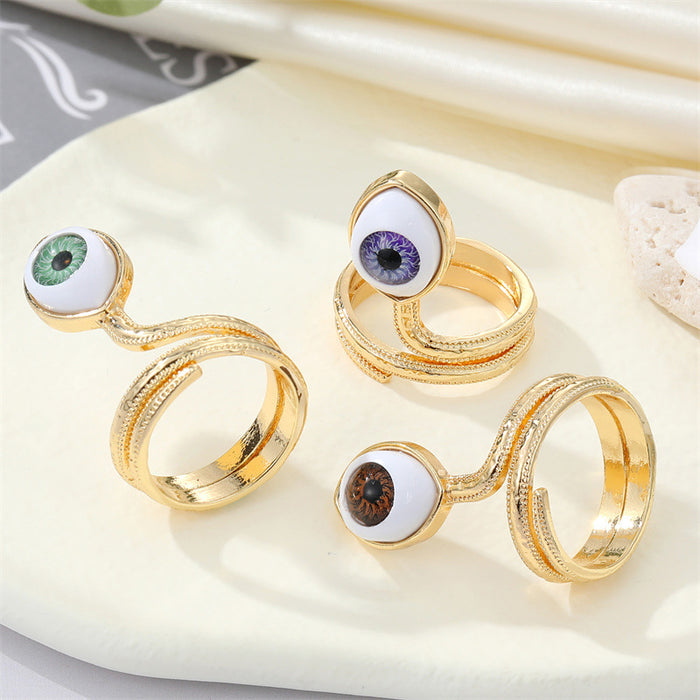 Gold Tone Eyeball Snake Wrap Adjustable Rings in Three Iris Colors