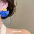 Gold And Blue Semicircle Stud Earrings With Mottled Finish view 4