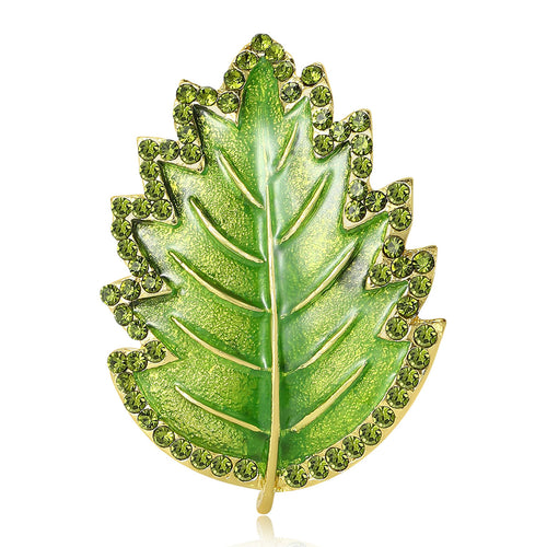 Green enamel leaf brooch with crystal border front view