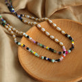 Multicolor Stone Pearl Beaded Necklace Gold Spacer Accents view 2