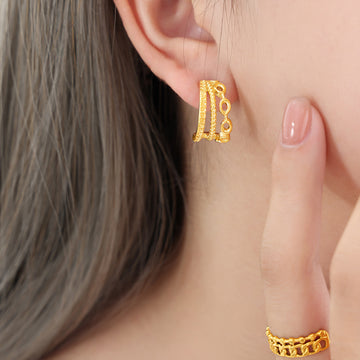 Gold Multi Band Geometric Hoop Earrings Rope Link Design