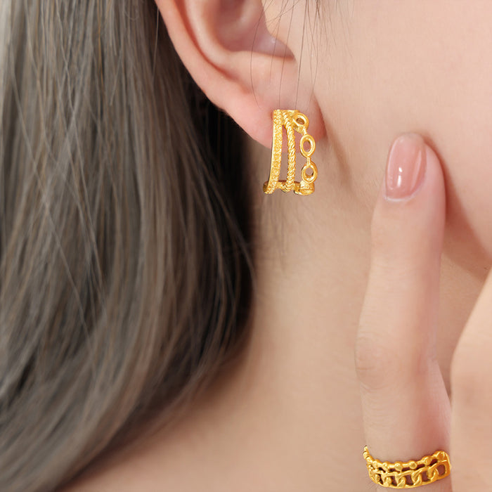 Gold Multi Band Geometric Hoop Earrings Rope Link Design