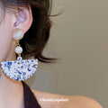 Blue Floral Fan and Pearl Drop Stud Earrings with Detailed Finish view 3