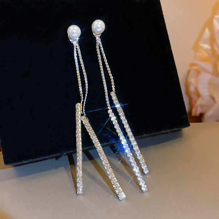 Pearl Stud Chain Tassel Earrings with Crystal Bars