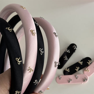 Padded Satin Headband With Small Metal Bows In Black Or Pink