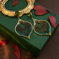 Gold Leaf Filigree Drop Earrings Green Teal Crystals view 4