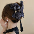 Ink Print Mesh Bow Hair Claw With Long Black Tassel In Two Colors view 4