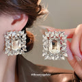 Clear Rectangle Crystal Halo Earrings And Five Row Pearl Like Necklace view 4