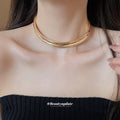Layered Polished Gold Tone Collar Necklace with Curved Bands view 1