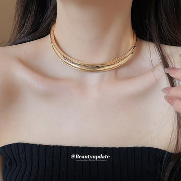 Layered Polished Gold Tone Collar Necklace with Curved Bands