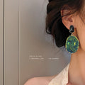 Blue Green Swirl Textured Disc Dangle Statement Earrings view 2