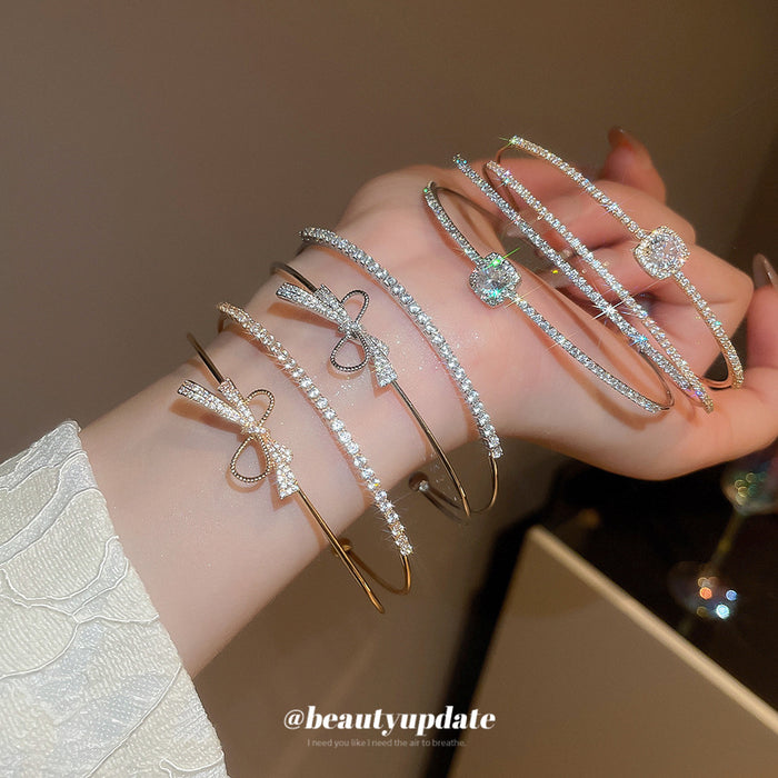 Silver Tone Multirow Open Cuff With Bow Or Round Crystal Center