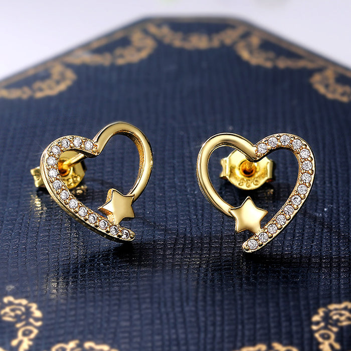 Gold Tone Open Heart Cat Stud Earrings With Clear Stones