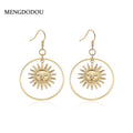Gold Sun Face Open Round Celestial Long Hook Earrings view 1