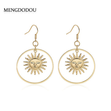 Gold Sun Face Open Round Celestial Long Hook Earrings