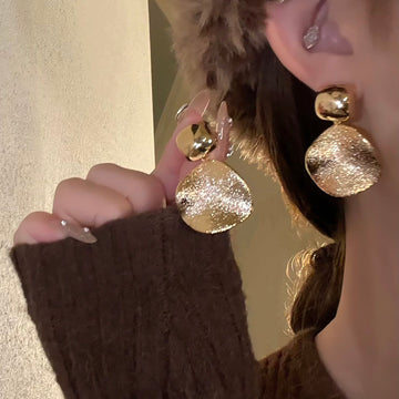 Hammered Round Disc Drop Stud Earrings in Two Tones