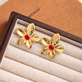 Gold Five Petal Flower Color Center Statement Stud Earrings view 7