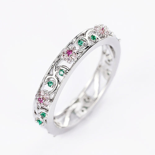 White metal pink flower green leaf openwork band ring product shot