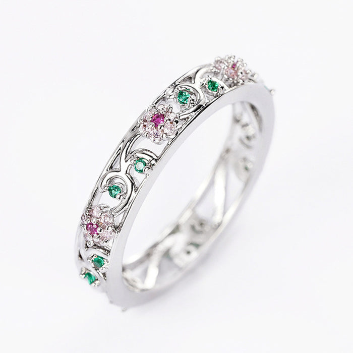 White Metal Pink Flower Green Accent Ring Hoop Earring Set Alloy