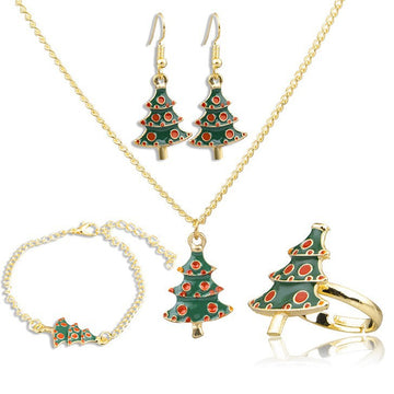 Christmas Tree Necklace Bracelet Ring and Earring Jewelry Set