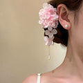 Fabric Flower Duckbill Hair Clips with Pearl Chain Tassels view 4