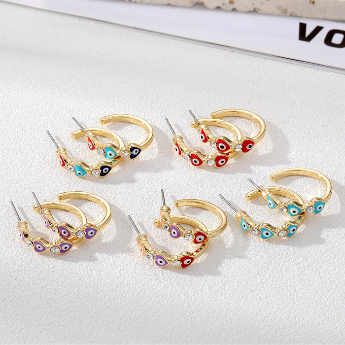 Gold Tone Crystal Enamel Heart Evil Eye Hoop Earrings in Five Colors