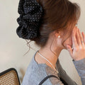 White Polka Dot Fabric Hair Claw Clip Large Scrunchie Style view 2