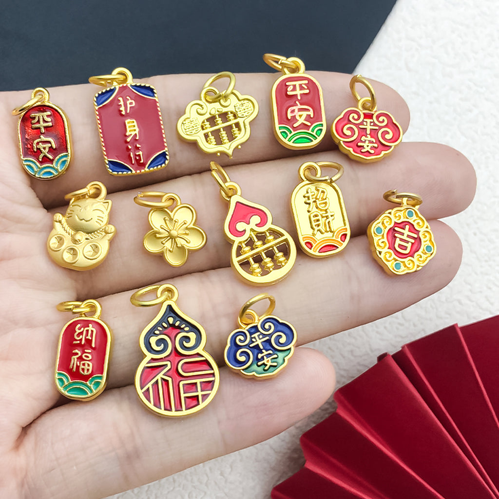 Gold Tone Zinc Alloy Lucky Cat Gourd Fu Tag Charm Pendant for DIY Bracelet Necklace