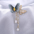 Blue Fabric Butterfly Brooch with Crystal Tassels Dangle Pin view 3