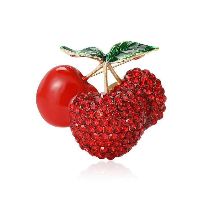 Three Cherry Brooch With Red Crystals and Green Leaves