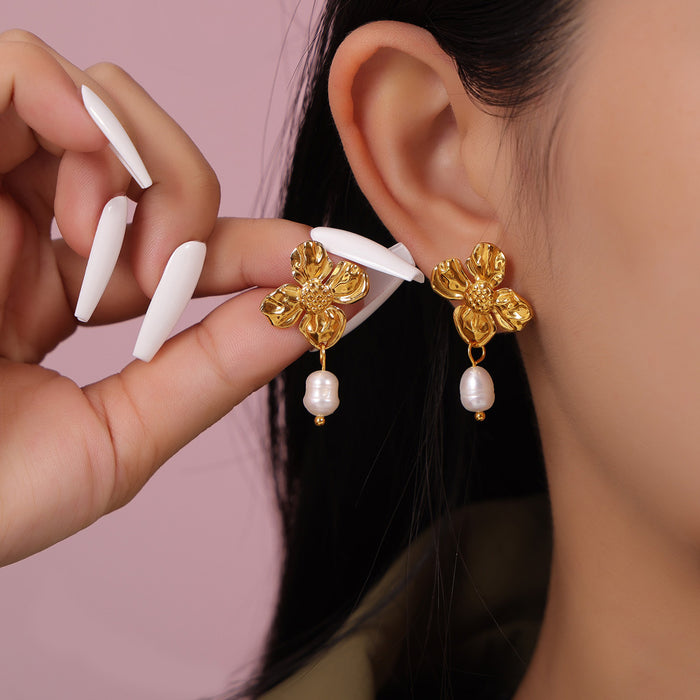 Flower Drop Earrings Freshwater Pearl Gold Silver Metal