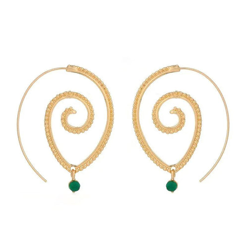 Gold spiral beaded hook pair with green bead drops flat on white