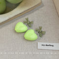 Sage Bow Lime Green Heart Drop Earrings Glossy Finish view 4